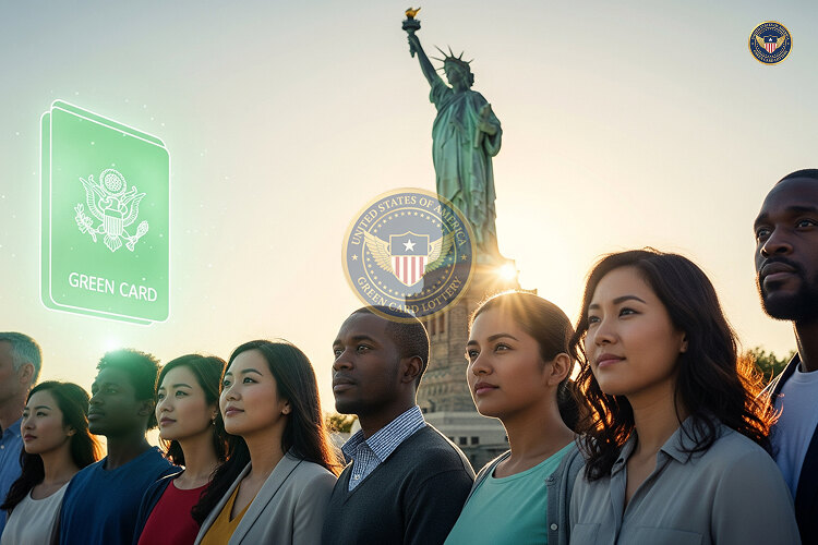 People celebrating winning the Green Card Lottery and starting a new life in the U.S.