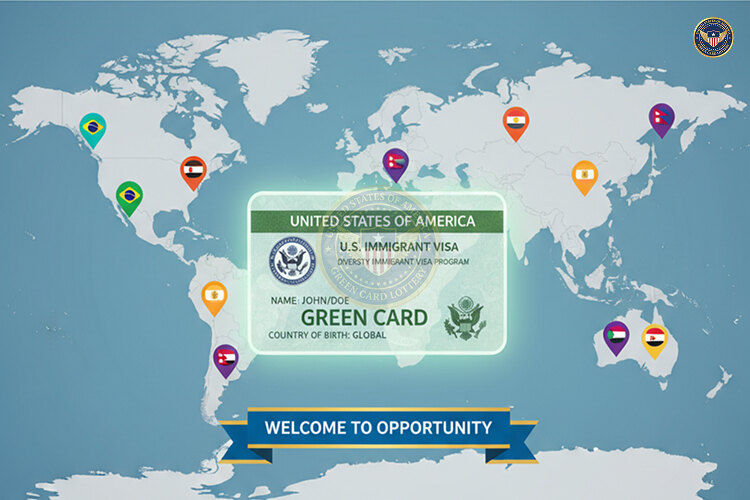 World map highlighting global applicants for the U.S. Green Card Lottery Diversity Visa Program.