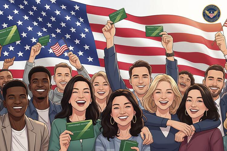Green Card Lottery winners celebrating with U.S. flag in the background