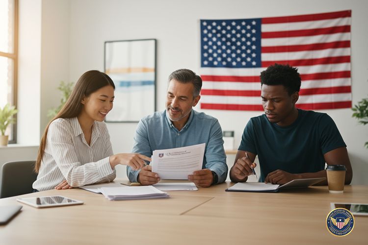 A bright, professional photo-realistic image of diverse individuals reviewing Green Card Application forms with a U.S. flag in the background, soft lighting, positive and hopeful expressions, clean modern composition