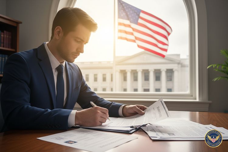 A clean professional image of a person carefully reviewing Green Card Application documents with a checklist, a US flag or embassy in the background, warm and optimistic lighting, realistic detail, 16:9 ratio.