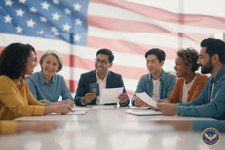 A diverse group of people happily reviewing Green Card Application documents with a U.S. flag background, clean modern composition, bright and trustworthy colors, professional photography style, soft natural lighting, high detail, welcoming tone, representing diversity and opportunity,