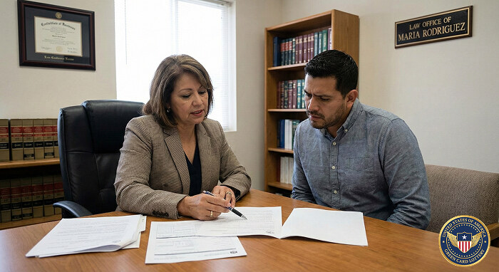 Attorney or advisor discussing Green Card Application documents with applicant, serious tone, supportive environment