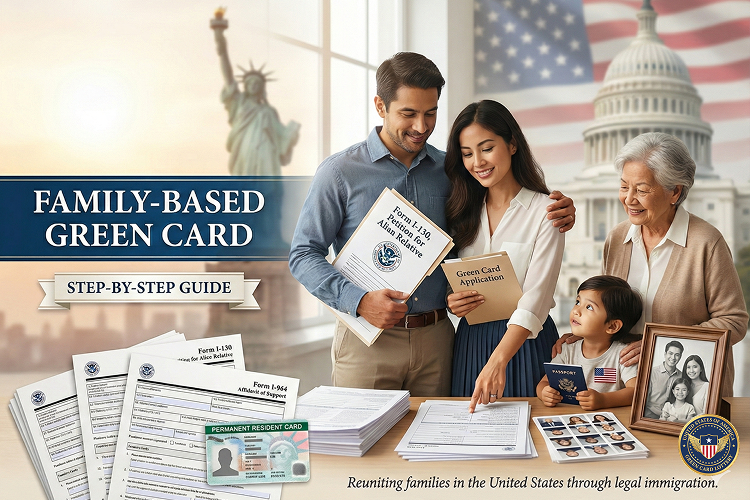 A multicultural family holding Green card application documents, smiling outside a USCIS office, warm lighting, realistic photo style